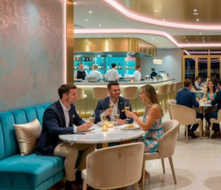 Moderan luksuzni interijer casino restorana CeliaBet s elegantnom rasvjetom i prostranim stolovima za goste.