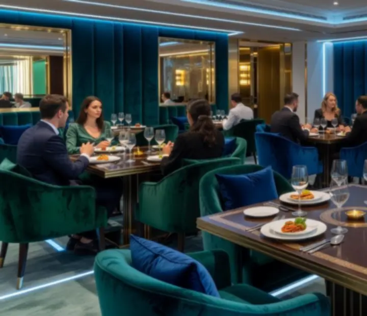 Moderní interiér casino restaurace CeliaBet s elegantně prostřenými stoly a večerní atmosférou.